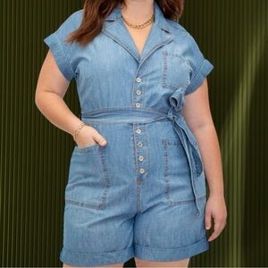 NWT Eloquii Elements Chambray Blue Belted Denim Romper Plus Size 28